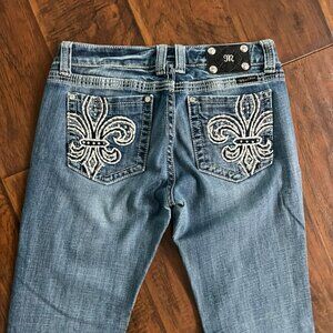Miss Me Jeans Womens 30 Fleur de Lis Embellished Bootcut Distressed Denim